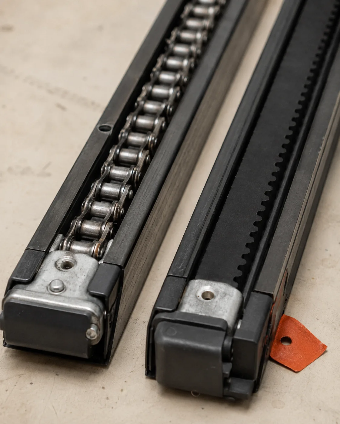 Chain-drive and belt-drive garage door opener rails shown side by side