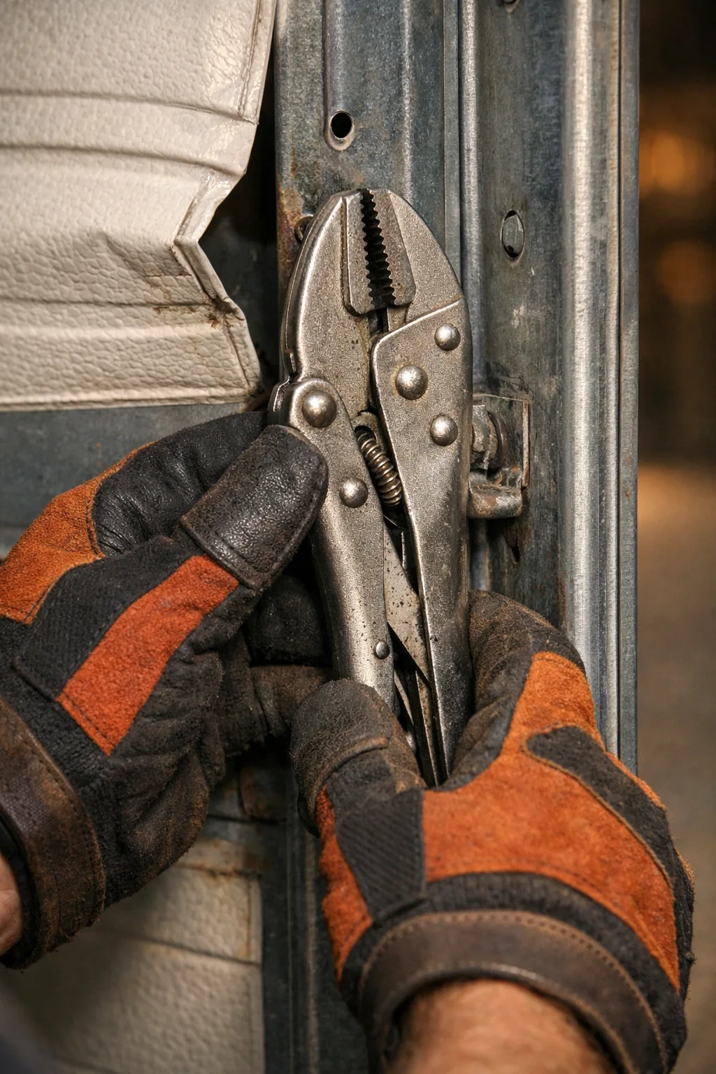 Technician clamping locking pliers onto the track to secure a damaged garage door closed