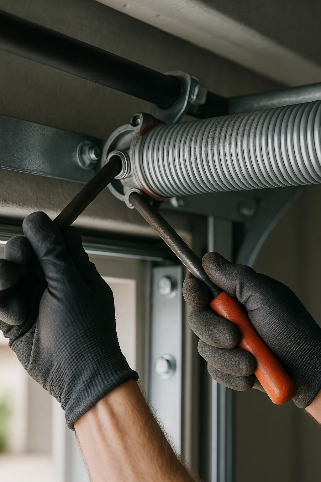 Technician using winding bars to set the torsion spring above a newly installed garage door