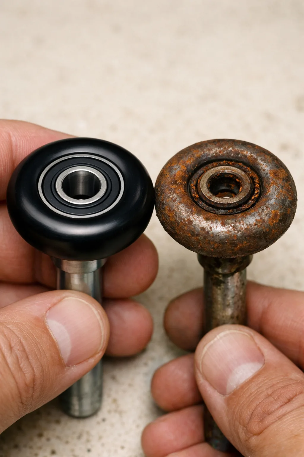 New sealed-bearing nylon garage door roller beside a worn, rusted steel roller