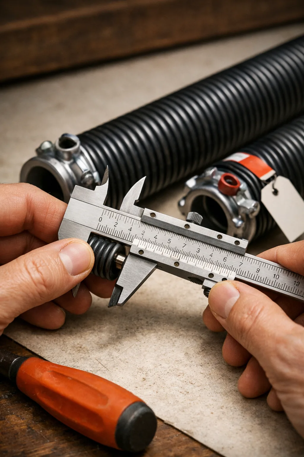 Technician measuring garage door spring wire diameter with a caliper beside a labeled replacement spring