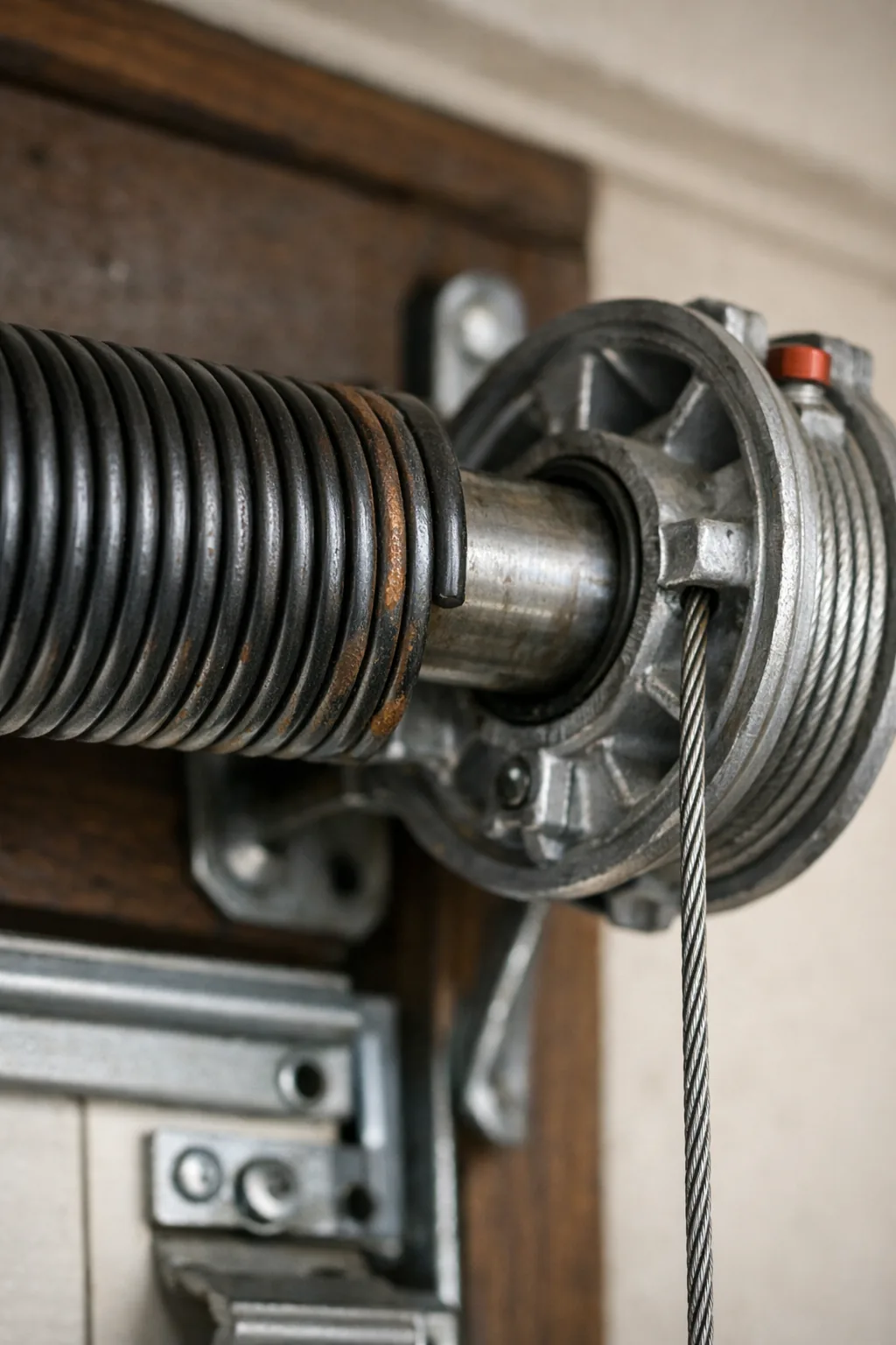 Wound torsion spring on its shaft with the cable drum and lift cable on a garage door