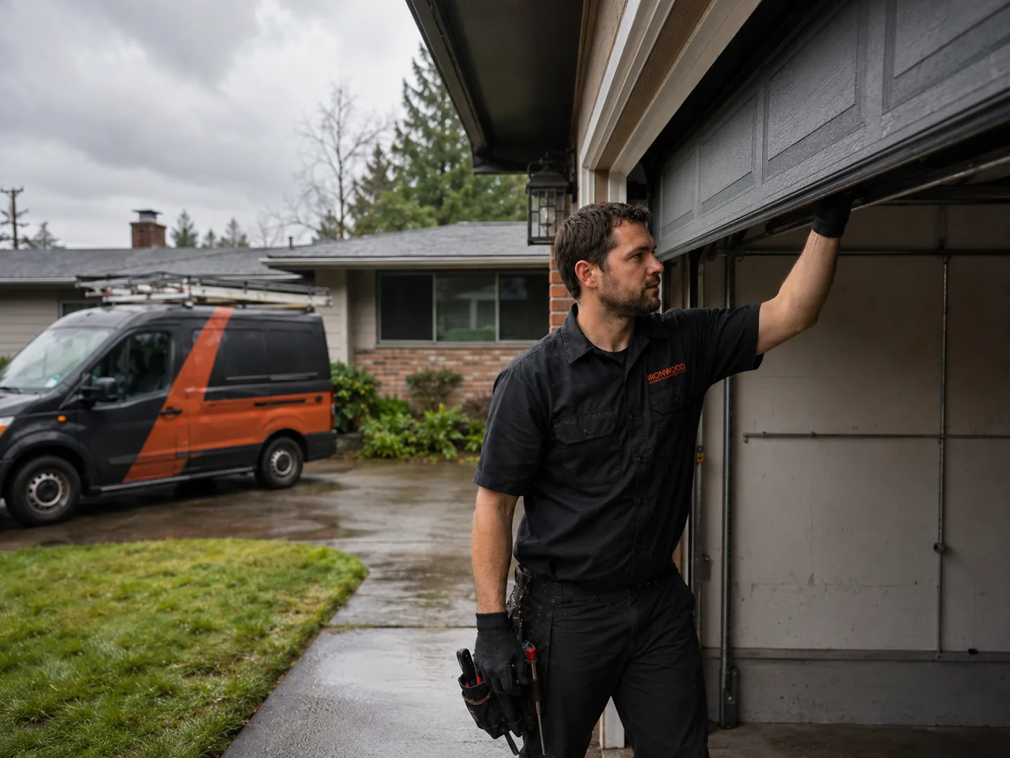 Ironwood technician balance-testing a garage door at a Beaverton ranch home
