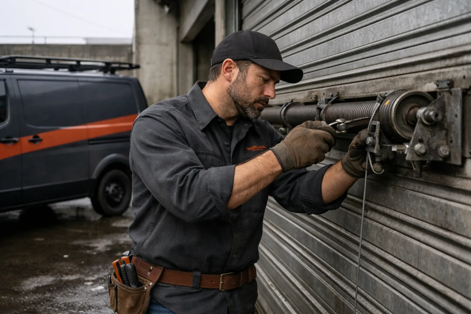 Ironwood technician servicing a rolling steel commercial garage door at a Portland loading dock