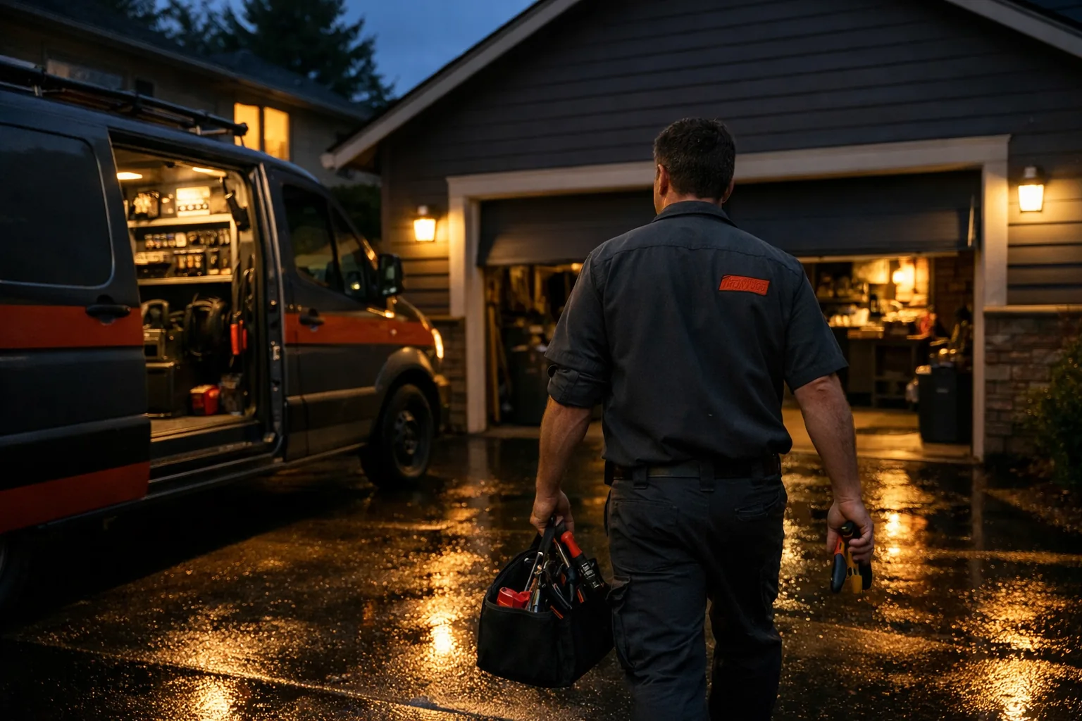 Ironwood technician arriving at dusk and carrying tools toward a partially open garage door in Portland
