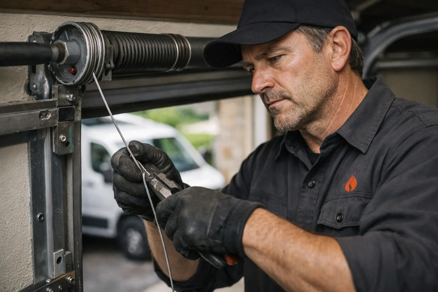 Ironwood technician replacing a lift cable on a residential garage door
