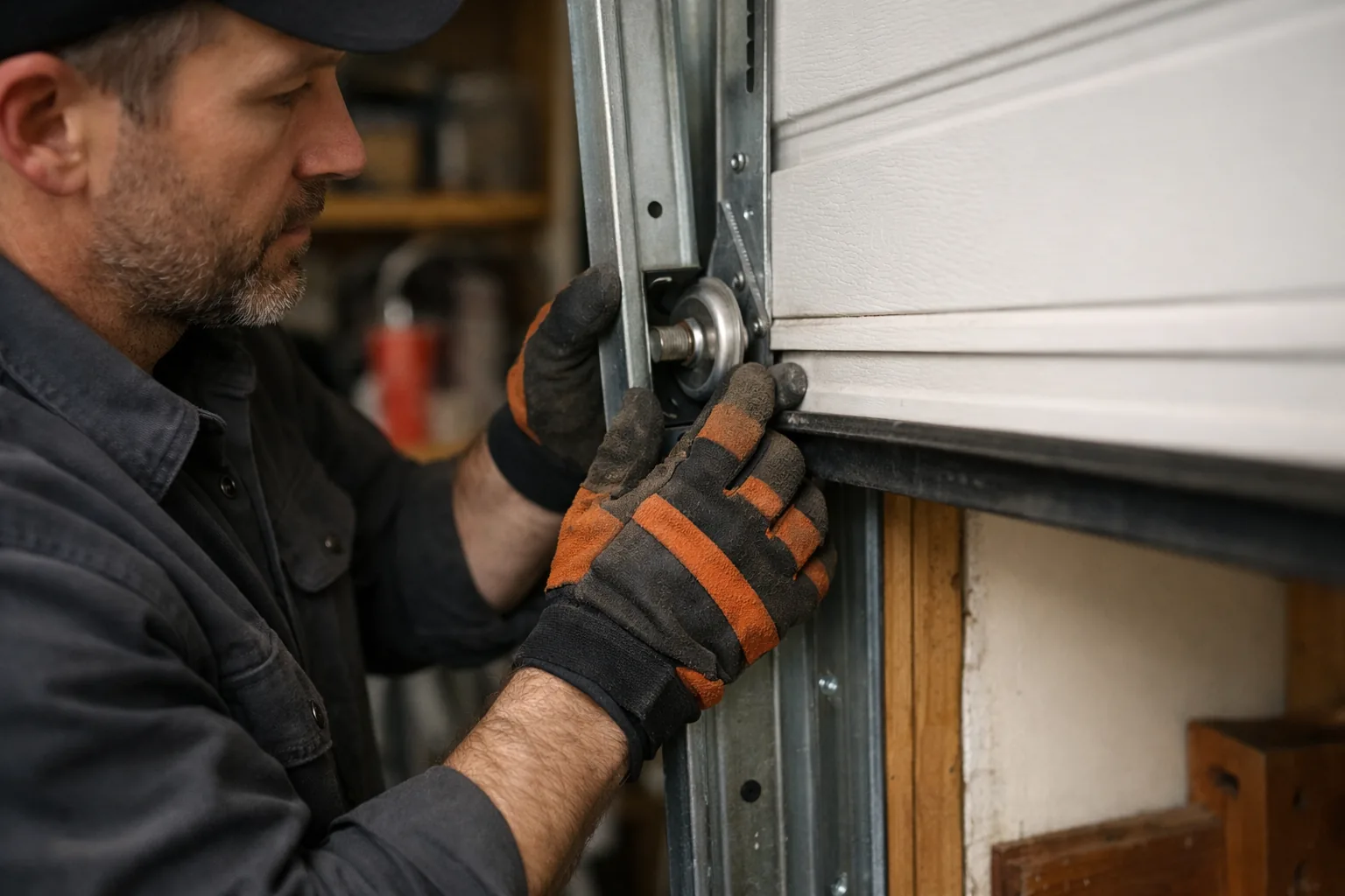 Ironwood technician guiding a roller back into the track of an off-track garage door