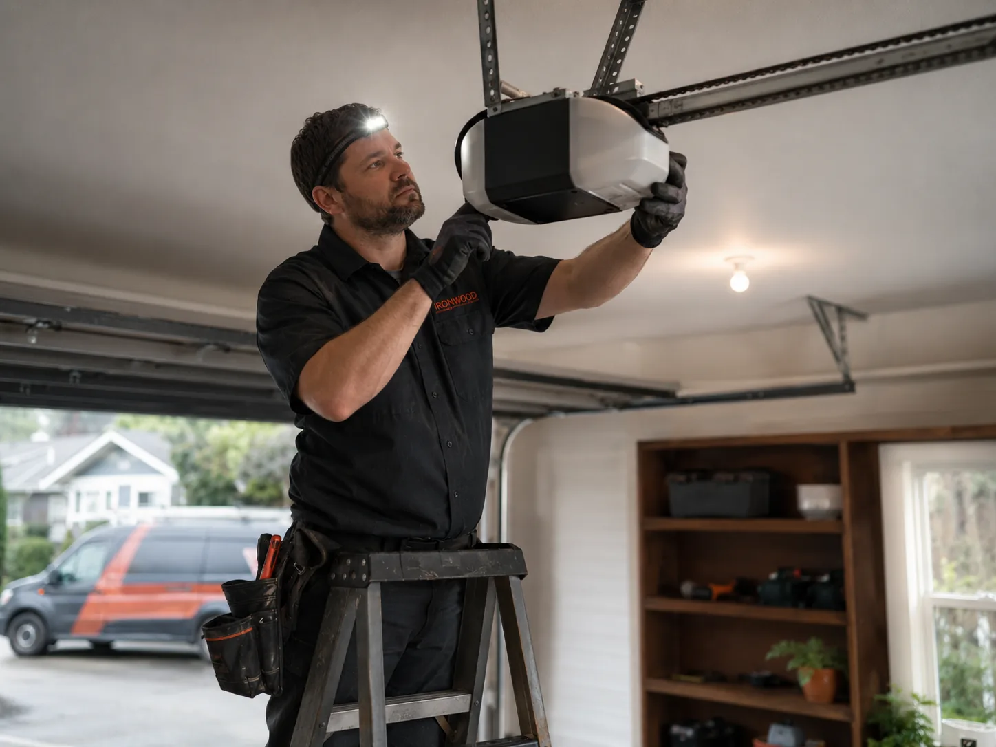 Ironwood technician on a ladder servicing a ceiling-mounted garage door opener