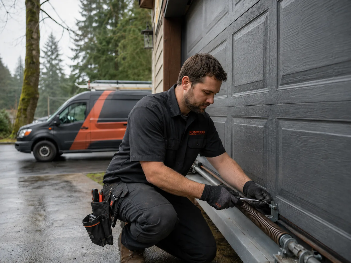 Ironwood technician repairing a residential garage door on a Portland street with the service van behind