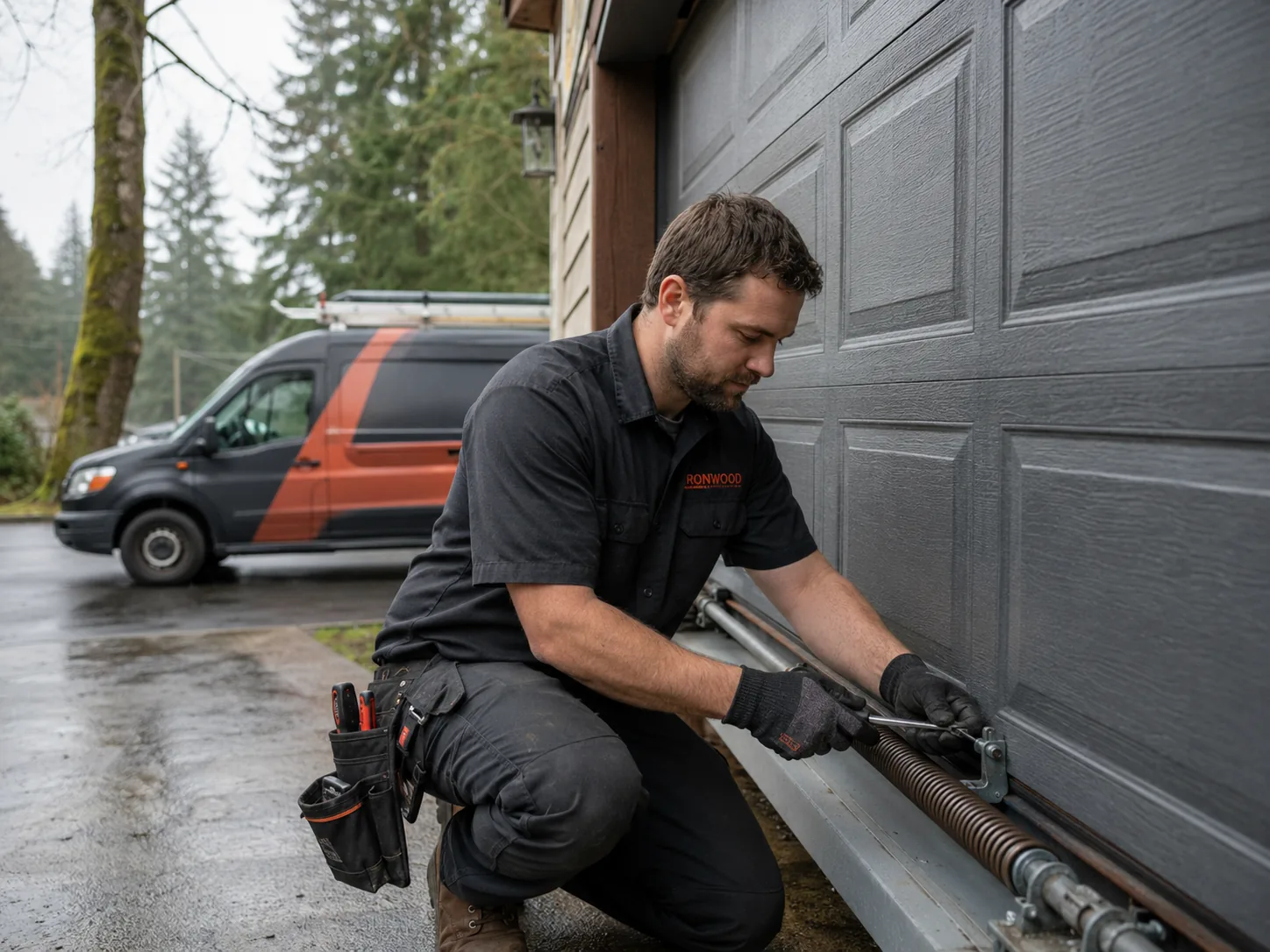 Ironwood technician replacing a torsion spring above a Portland garage door