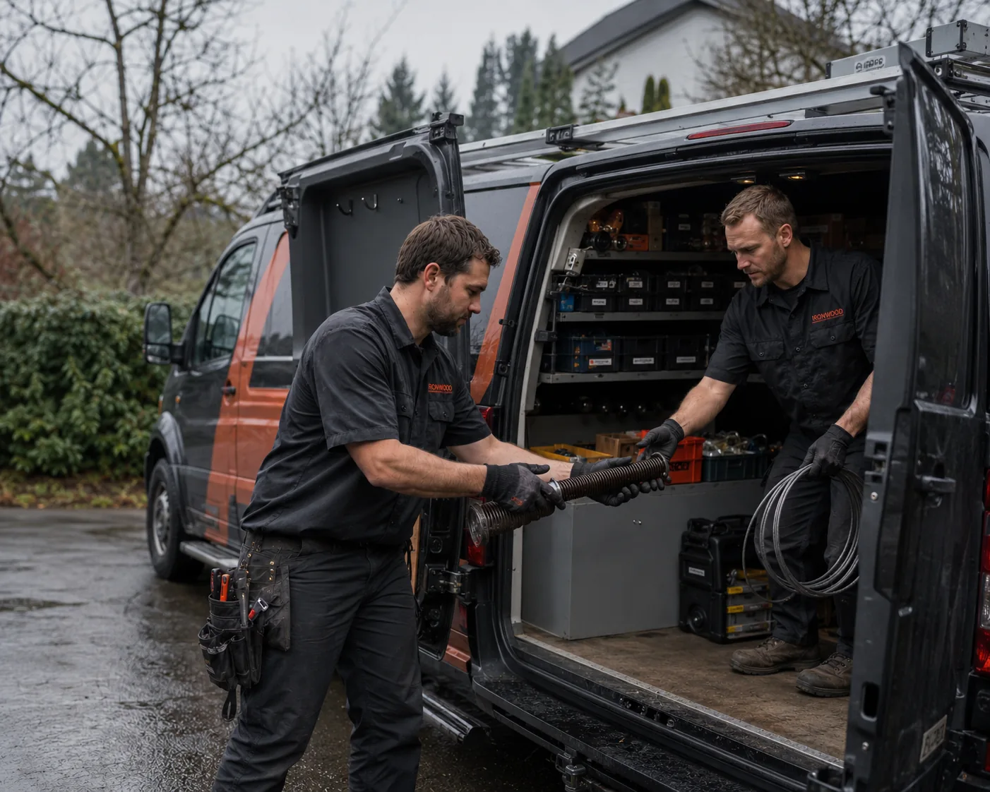 Two Ironwood technicians loading spring and cable parts into their service van in Portland