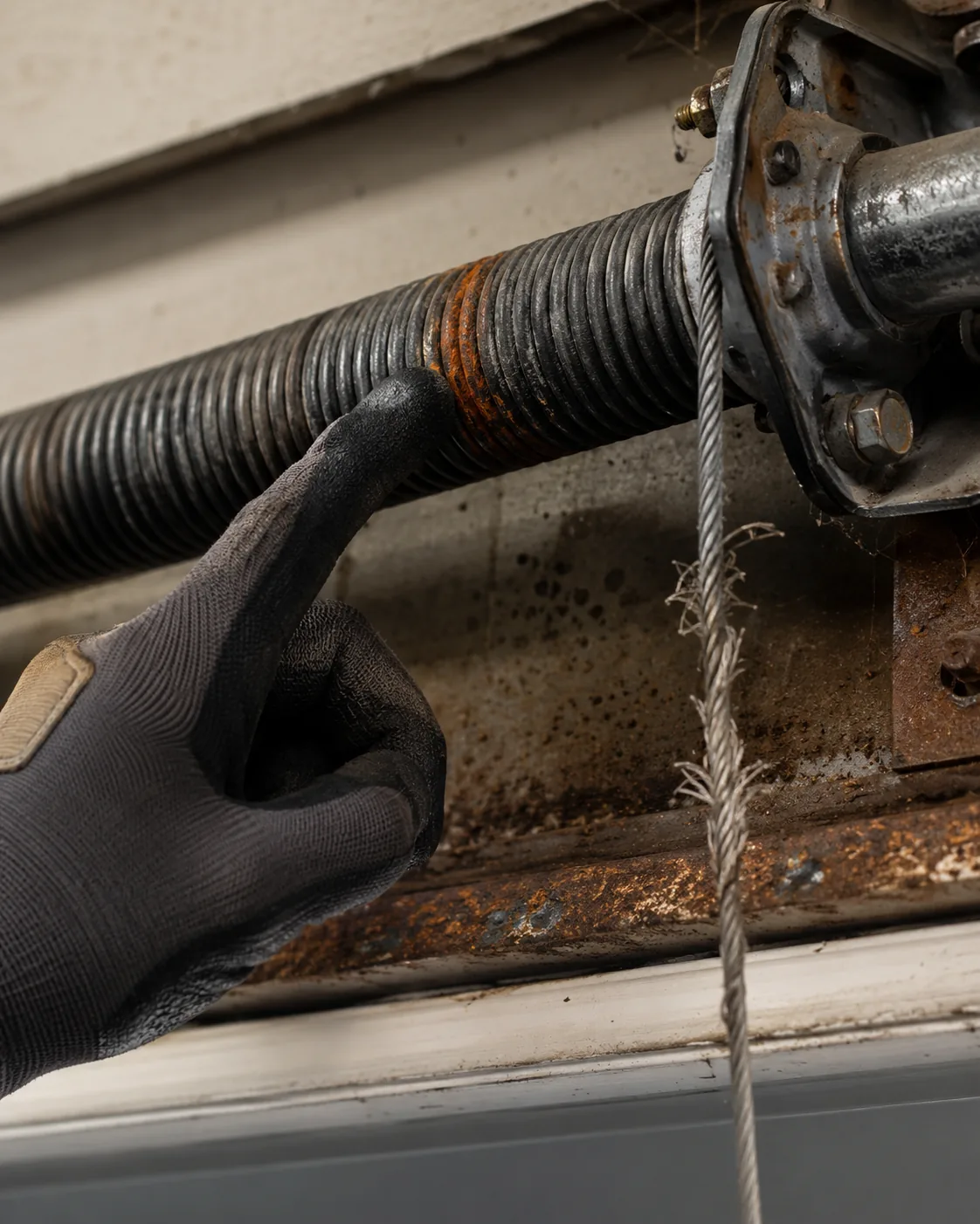 Garage door repair in Gladstone — a rusted torsion spring and frayed lift cable
